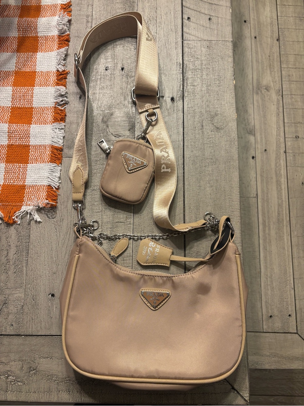 Beige Nylon Shoulder Bag with Strap and Coin Pouch
